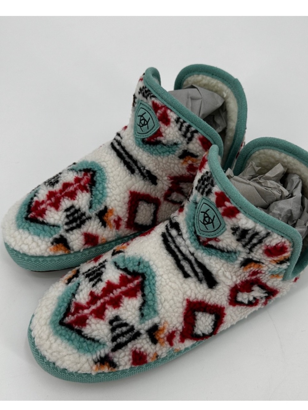 Ariat Women’s Aztec Sherpa Slip-On Slippers - Teal, Red, White